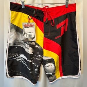 NWT Jettribe Racing Board Shorts Men’s Size 36 Black Red Yellow Board Surfing